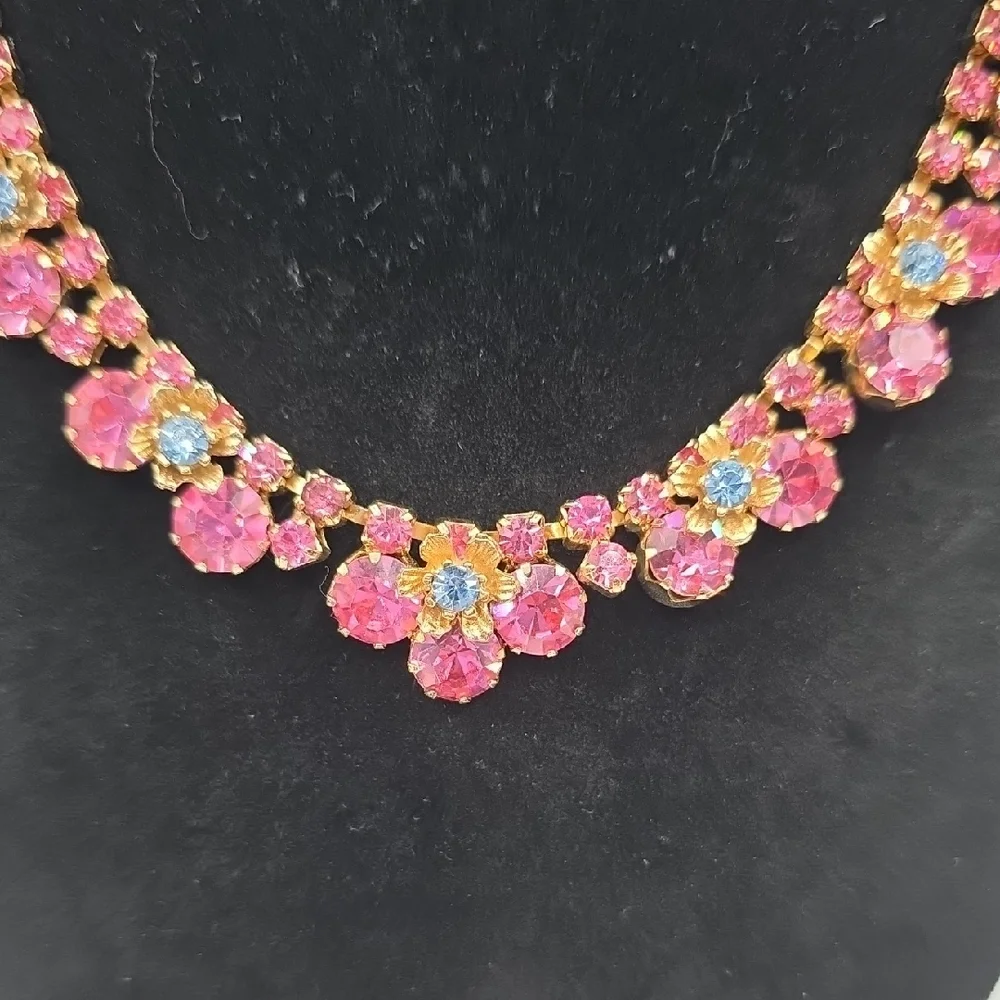 Elegant Pink and Blue Floral Necklace and Earring Set